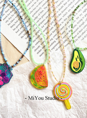 复古几何七彩水果吊坠少女风珠子