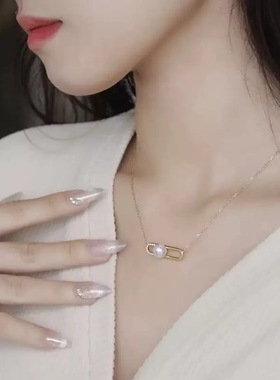 T家同款锁骨链回形针款珍珠吊坠