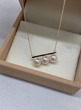 T家同款平衡木吊坠项链朱锁锁同款简约百搭一字锁骨三颗天然珍珠