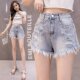 Beaded raw edges ripped denim shorts wide leg hot pants