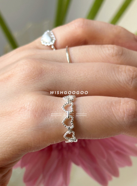 WISHGOOGOO圆点镂空爱心戒指女ins韩系简约日常叠戴925纯银开口戒