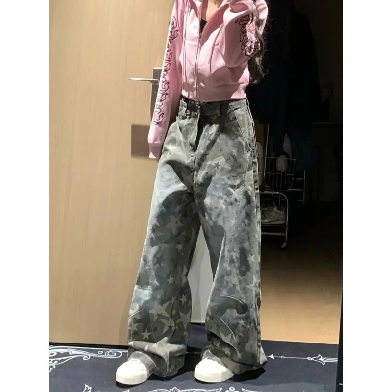 美式高街复古星星印花渐变牛仔裤女高腰宽松休闲百搭阔腿拖地长裤,淘宝优惠券,粉丝福利购,淘宝优惠卷
