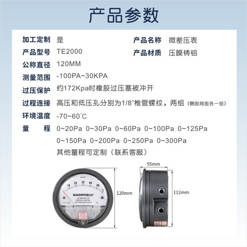 微压差表TE2000型 微压力表 压差计 差压表圆形指针 0-60pa - 图1