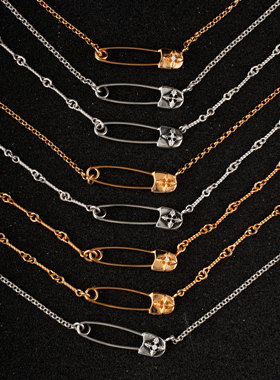 宗克罗心925银镀金别针竹节项链