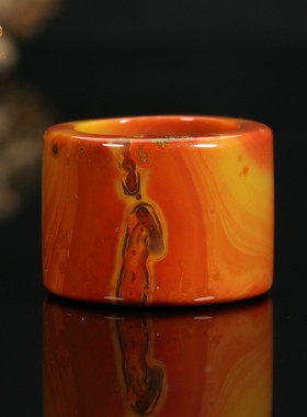 珏艺坊宣化战国红玛瑙精品艳红黄直筒扳指指环戒指 BZ2272