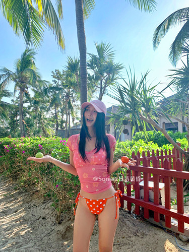 Sunset日落黄昏橙色波点比基尼三点式绑带性感度假风泳衣女 - 图0