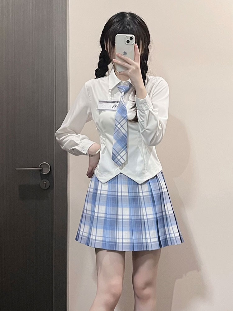 JK制服衬衫女长袖秋冬甜美白色衬衣学院风辣妹套装韩式收腰灰上衣