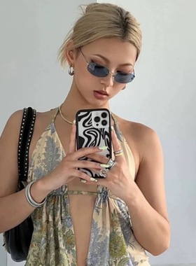 Jennie同款墨镜女y2k欧美风小框蓝色无框中古太阳镜时尚INS辣妹风