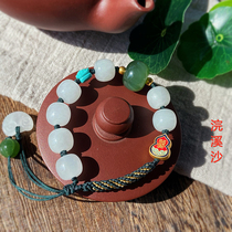 And Tian Yucat Eye Bite jade green pine stone foot gold ancient Fagin plinth hand rope handmade hand string Tianzhu natural white jade