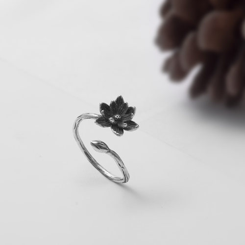 百搭气质原创设计S925纯银指环时尚个性莲花戒指简约甜美开口戒女-图0