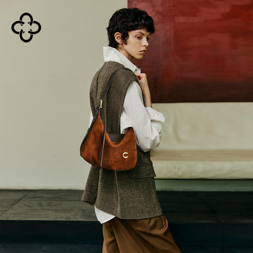 CASSILE卡思乐绒面饺子包2026新款冬复古羊皮单肩包腋下女包 - 图0