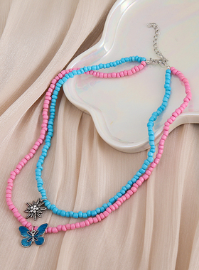 国风双色串珠锁骨链蝴蝶吊坠
