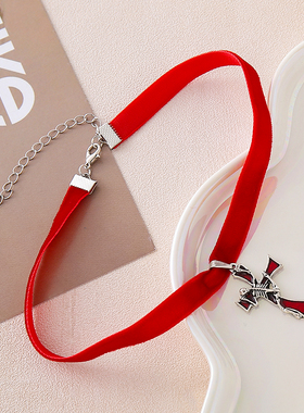 哥特式十字架项链骷髅人丝带颈链