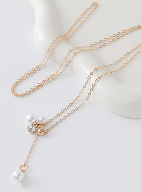 设计师款珍珠水钻项链女金色锁骨