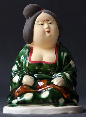 仿古风唐三彩陶瓷仕女胖妞摆件