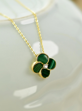 天然孔雀石四叶草925银女锁骨链