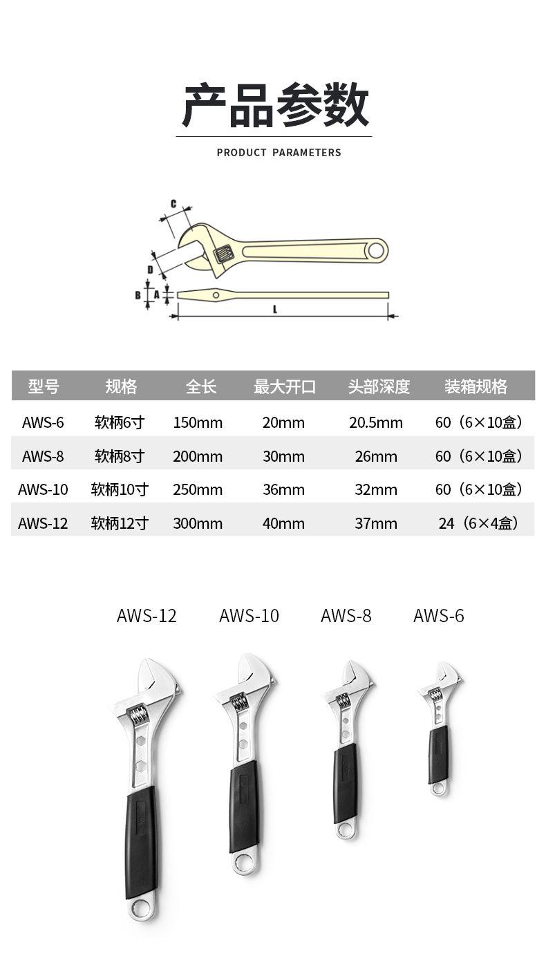 JETECH捷科工具软柄活动扳手多功能开口扳手活口活板8/10/12寸 - 图2