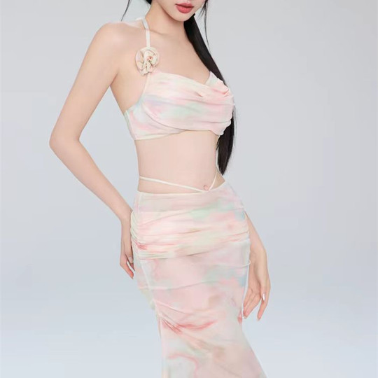 韩国ins网红高级感甜美花朵小胸聚拢比基尼裙式分体泳衣温泉泳装