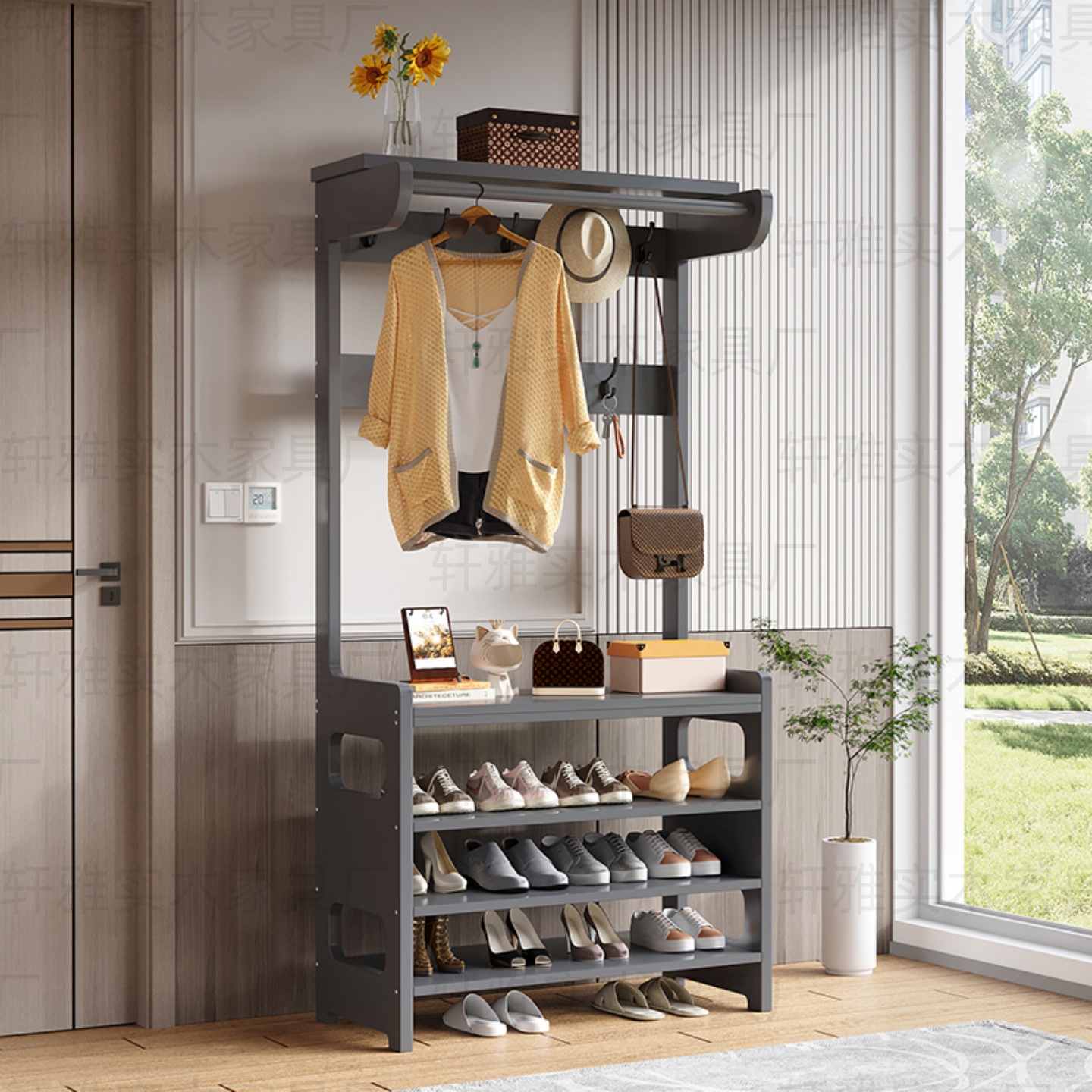 衣帽架落地实木挂衣架鞋架组合玄关多功能入户客厅置物架一体门口 - 图1