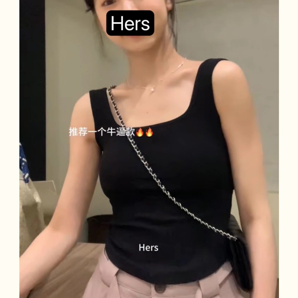 Hers一勺甜方领背心女韩系百搭后交叉设计美背带胸垫无袖上衣9473 - 图0