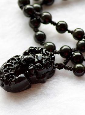 天然编织黑曜石貔貅项链吊坠