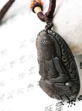 天然冰种黑曜石阿弥陀佛属狗吊坠