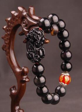 天然黑曜石六字真言貔貅手链