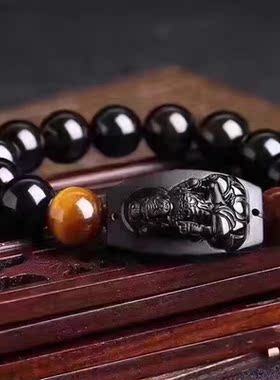 天然黑曜石不动尊生肖鸡手串