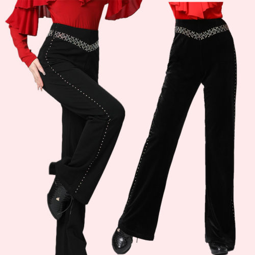 秋季新款女裤子舞蹈服烫钻直筒裤演出服三步踩广场舞吉特巴长裤子 - 图0