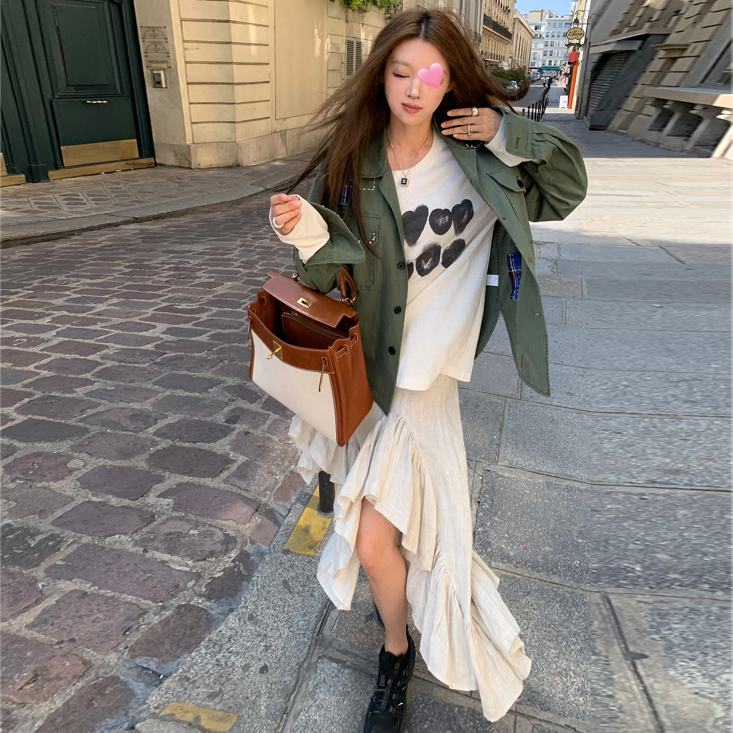 Avocadong 重工定制多色钉珠拼接常规宽松绿色外套女早秋休闲上衣 - 图1