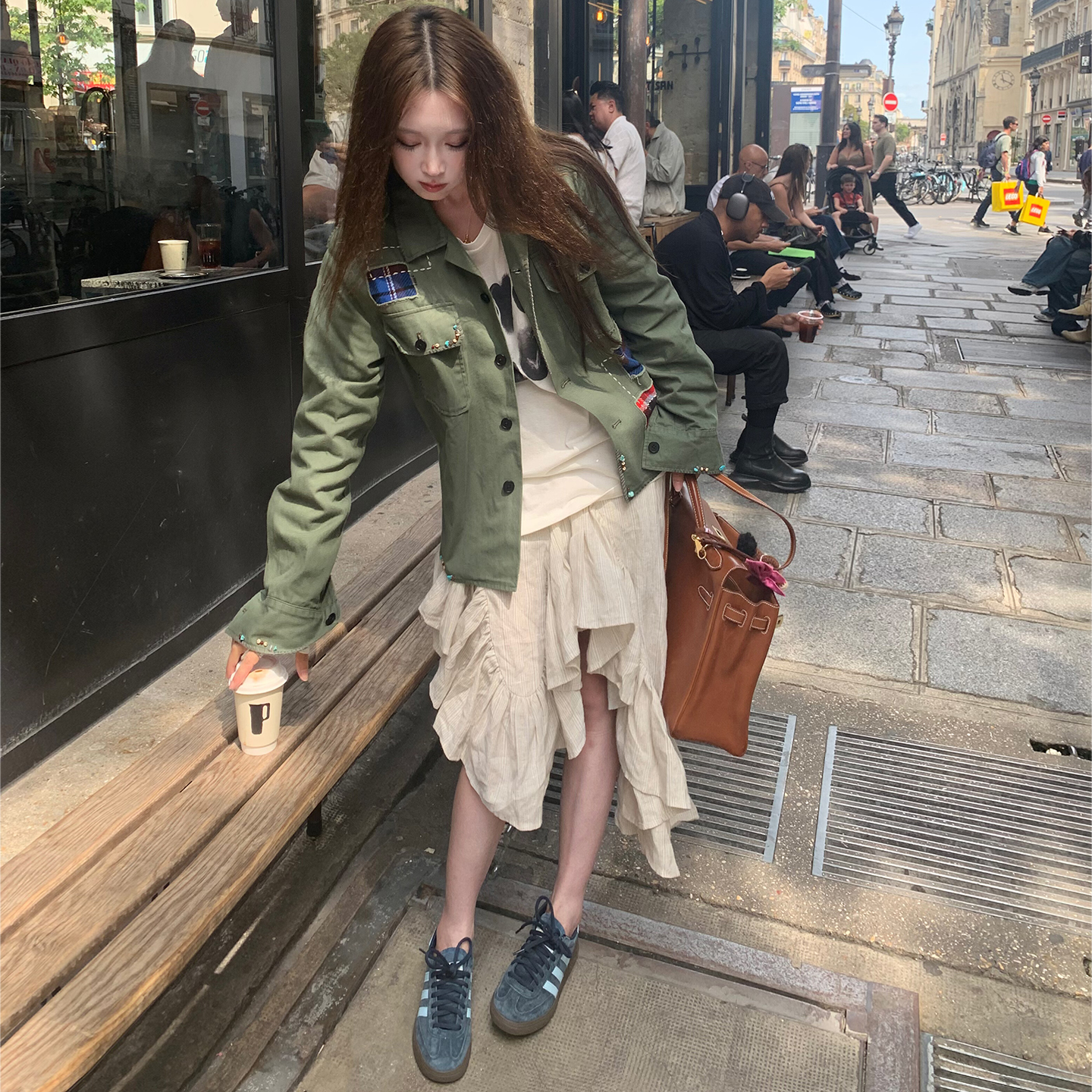 Avocadong 重工定制多色钉珠拼接常规宽松绿色外套女早秋休闲上衣 - 图0