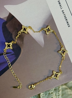 合成金属手链 法式复古拉丝四叶草手链百搭铜镀银锁骨链ZAAA510