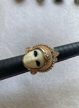 QZY中古Vintage复古雕刻京剧脸谱浮雕珐琅彩色锆石女士戒指 j 1