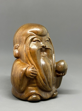 天然绿檀木Q版寿星文玩摆件装饰