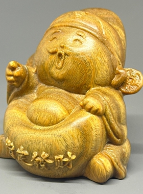 天然绿檀木精雕指定发财桌面摆件