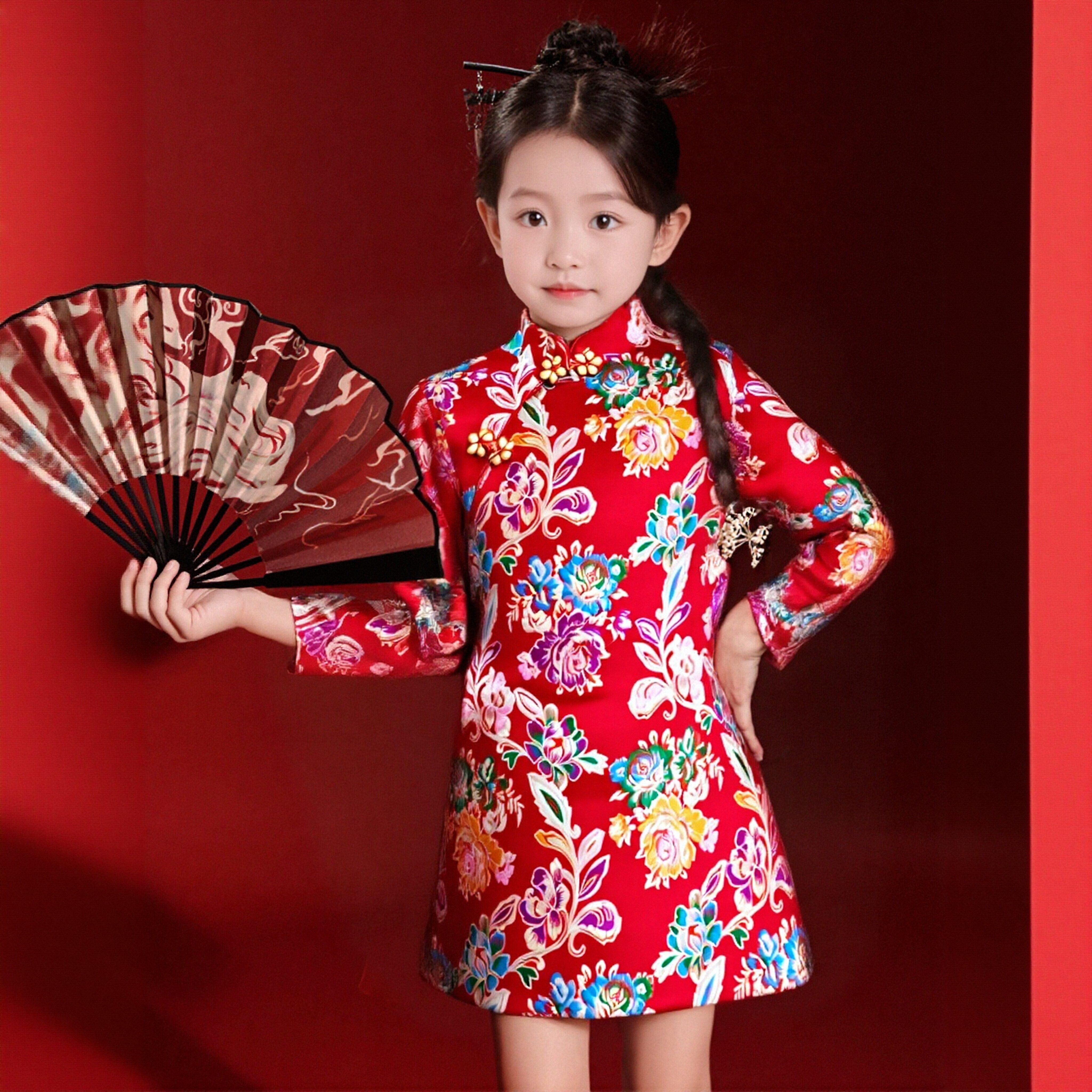 晨舞 秋冬女童旗长袖旗袍儿童改良连衣裙宝宝周岁中国风民族服装,淘宝优惠券,粉丝福利购,淘宝优惠卷