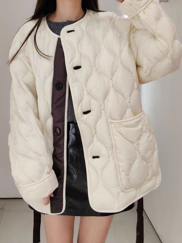 C332轻括宽松侧开叉撞色飘带抽绳收腰宽松大码轻薄羽绒服女 - 图1