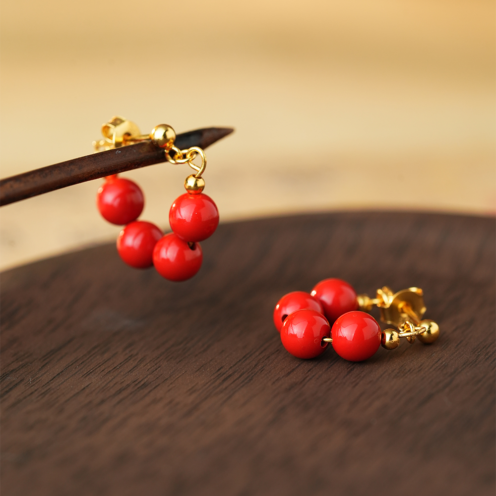 御臻珠宝｜朱砂｜S925银｜豌豆耳钉耳饰设计款连珠弧形小众爆款女 - 图0