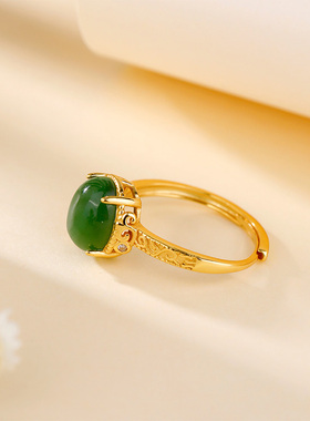 天然和田玉蛋面戒指新中式