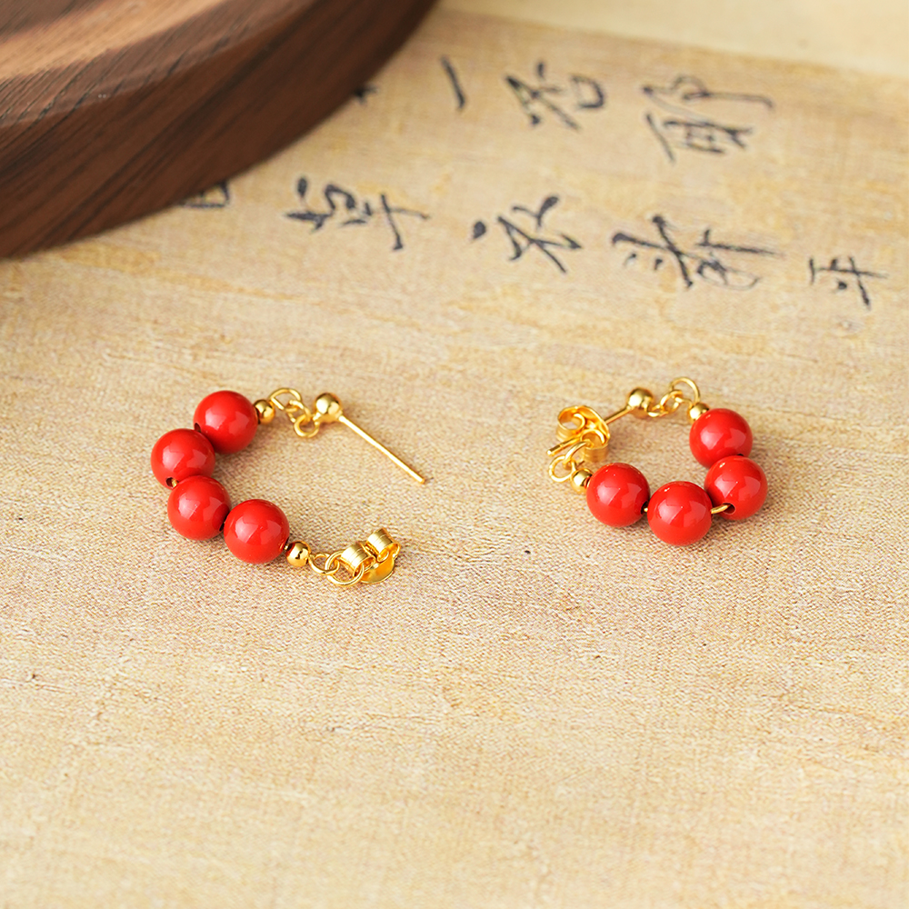 御臻珠宝｜朱砂｜S925银｜豌豆耳钉耳饰设计款连珠弧形小众爆款女 - 图2