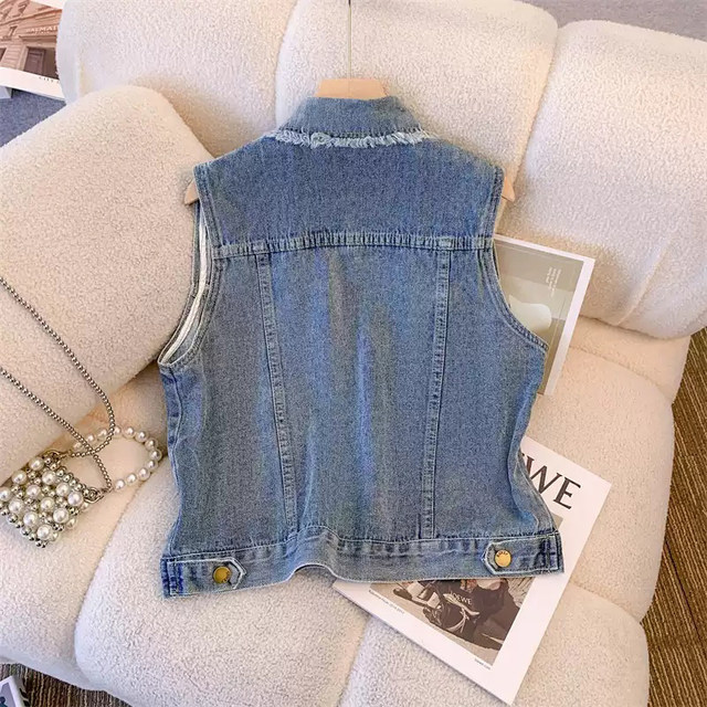 Retro ລ້າງສີຟ້າສີ່ຫລ່ຽມຄໍເສື້ອ vest ຂອບດິບສໍາລັບແມ່ຍິງ