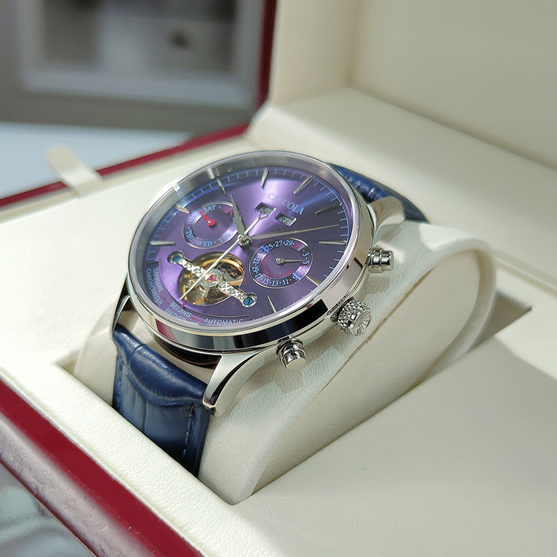 卡罗莱时尚镂空真皮带防水机械表 卡罗莱乔邦国产腕表