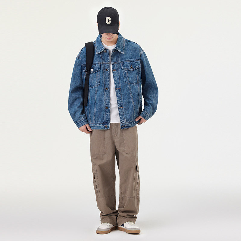 美式复古多口袋翻领牛仔外套男2025秋季宽松大码痞帅水洗工装夹克,淘宝优惠券,粉丝福利购,淘宝优惠卷