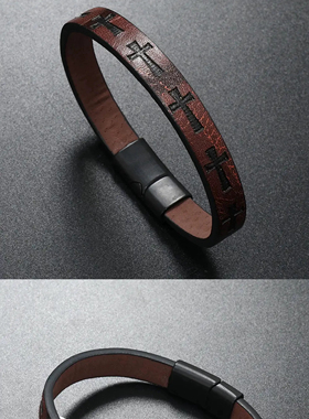 欧美复古风时尚皮手链男士印花多十字磁铁扣简约手环ins小众设计