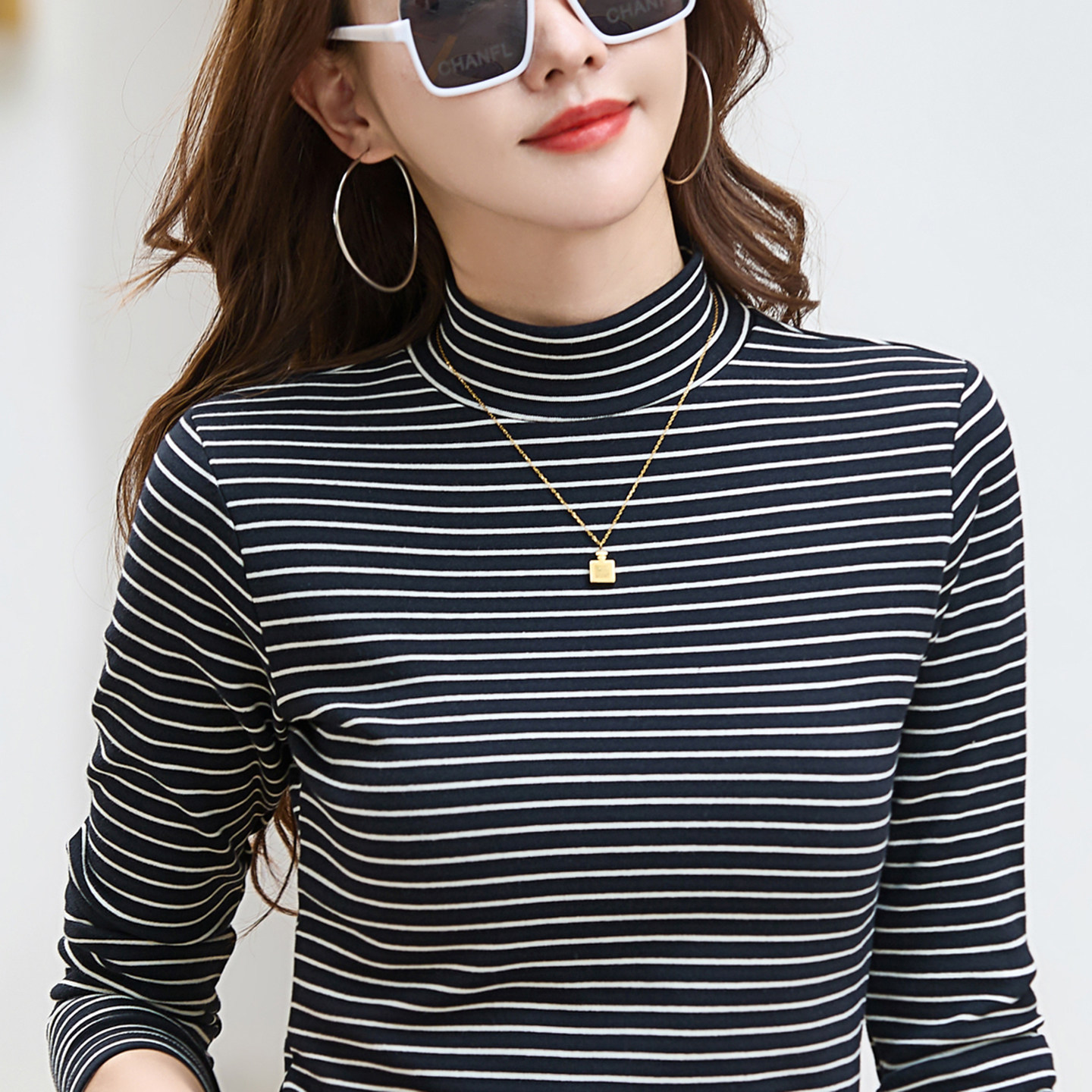 纯棉条纹修身半高领打底衫女长袖T恤加厚保暖洋气中领内搭上衣冬,淘宝优惠券,粉丝福利购,淘宝优惠卷