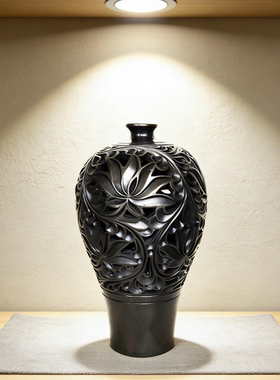复古黑陶镂空花瓶家居摆件伴手礼