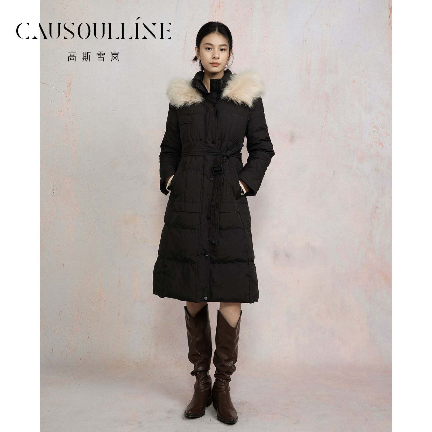 高斯雪岚季新款时尚气质长袖拉链羽绒服女中长款过膝加厚外套