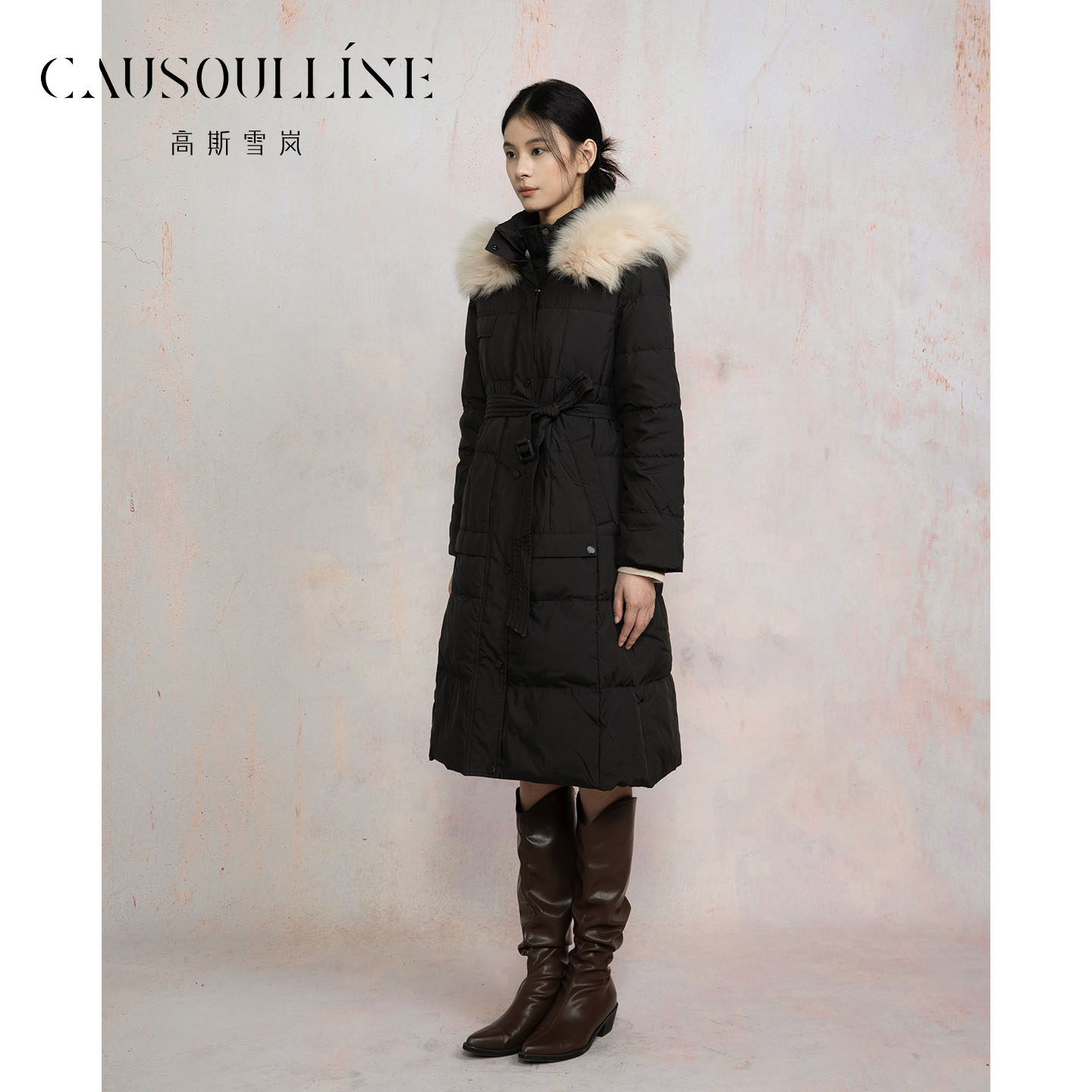 高斯雪岚季新款时尚气质长袖拉链羽绒服女中长款过膝加厚外套