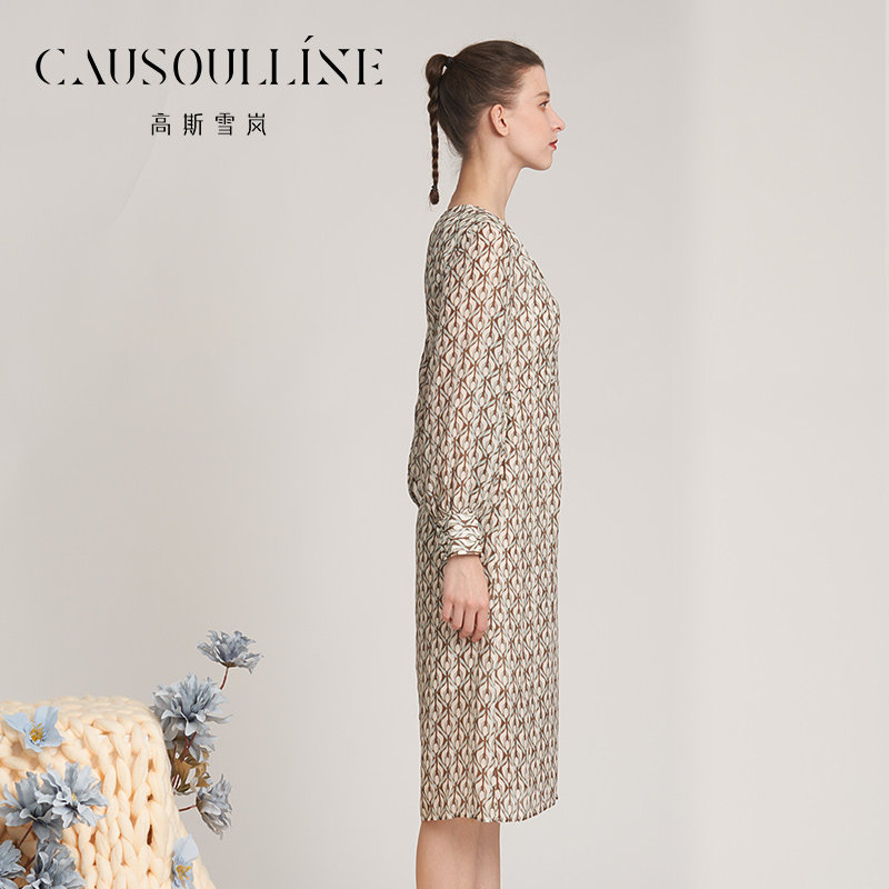 高斯雪岚2022年秋装新款中长款连衣裙女V领时尚印花裙子商场同款,淘宝优惠券,粉丝福利购,淘宝优惠卷