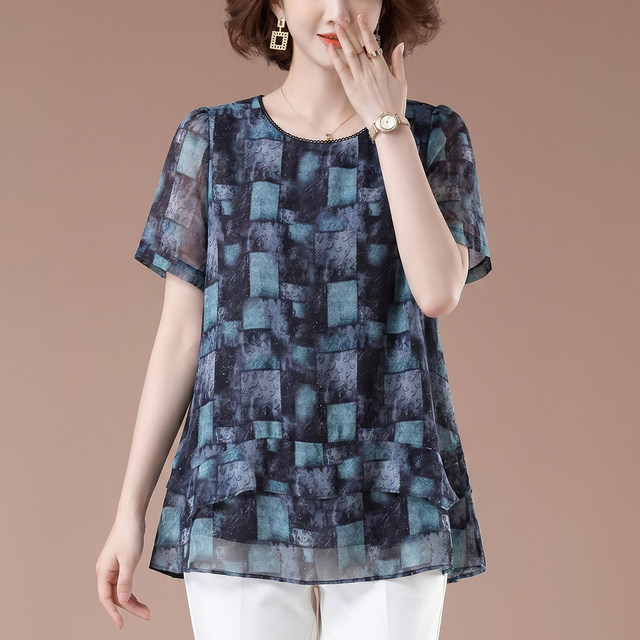ເສື້ອຢືດ Chiffon ແຂນສັ້ນຂອງແມ່ຍິງ summer plus size ວ່າງຂອງແມ່ຍິງໄວກາງຄົນທີ່ມີໄຂມັນປົກຄຸມທ້ອງ, ເສື້ອຢືດກະທັດຮັດເທິງ.